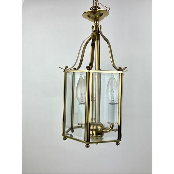 Vintage MCM American Lantern Co Pendant Ceiling Lamp Brass Glass 6 Panel 3 Light - Picture 8 of 12